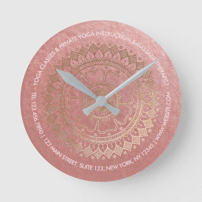 Yoga Meditation Instructor Pink Gold Foil Mandala  Round Clock (Front)