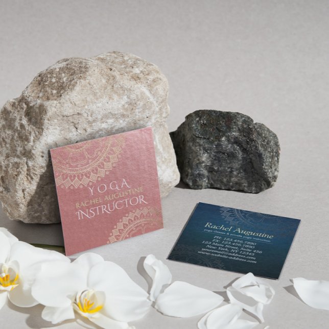 Yoga Meditation Instructor Pink Gold Foil Mandala Square Business Card (Creator Uploaded)
