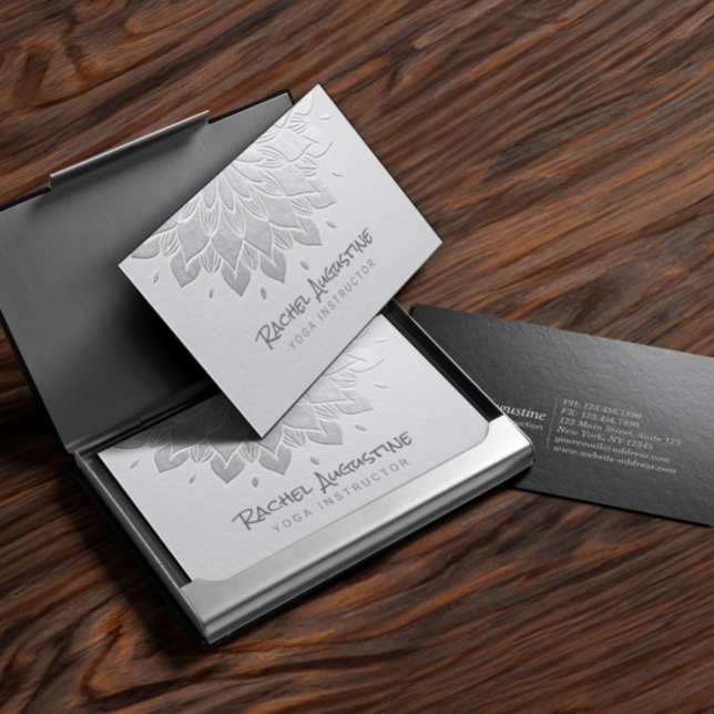 YOGA Meditation Instructor White & Silver Mandala Business Card (Creator Uploaded)