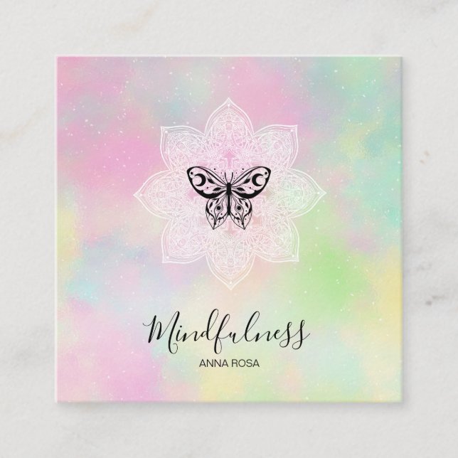 *~* Yoga Meditation Mindfulness Mandala Butterfly  Square Business Card (Front)