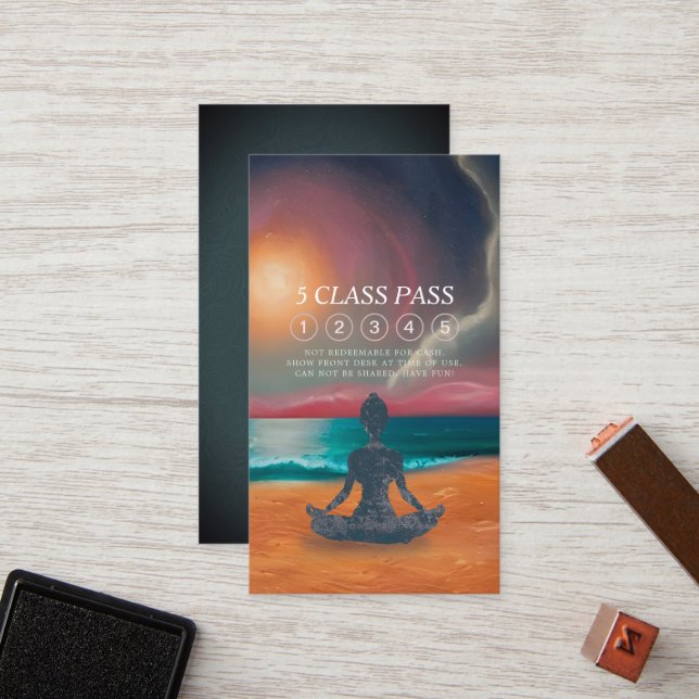Yoga Meditation Moon Sky Ocean Beach 5 Class Pass Loyalty Card (Front/Back In Situ)