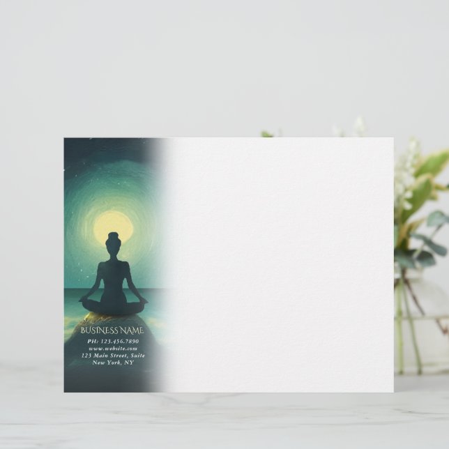 Yoga Meditation Pose on Rock Full Moon Stars Night Custom Letterhead (Standing Front)