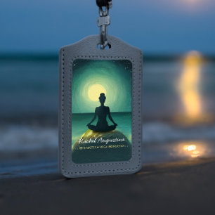 Yoga Meditation Pose on Rock Full Moon Stars Night ID Badge