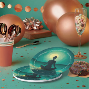 Yoga Meditation Pose on Rock Full Moon Stars Night Paper Plate