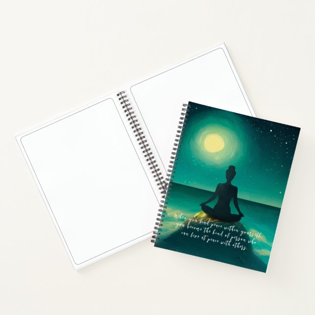 Yoga Meditation Pose on Rock Moon Star Ocean Quote Notebook (Inside)