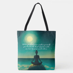Yoga Meditation Pose on Rock Moon Star Ocean Quote Tote Bag