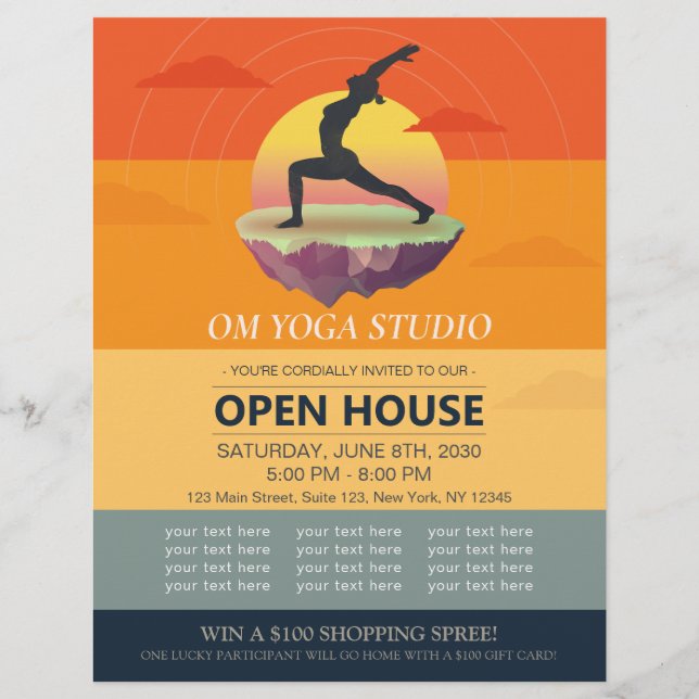 Yoga Meditation Pose Sun Flying Island Open House Flyer (Front)