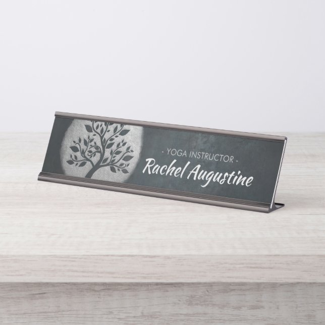 Yoga Meditation Reiki Instructor Black Silver Tree Desk Name Plate (Front)