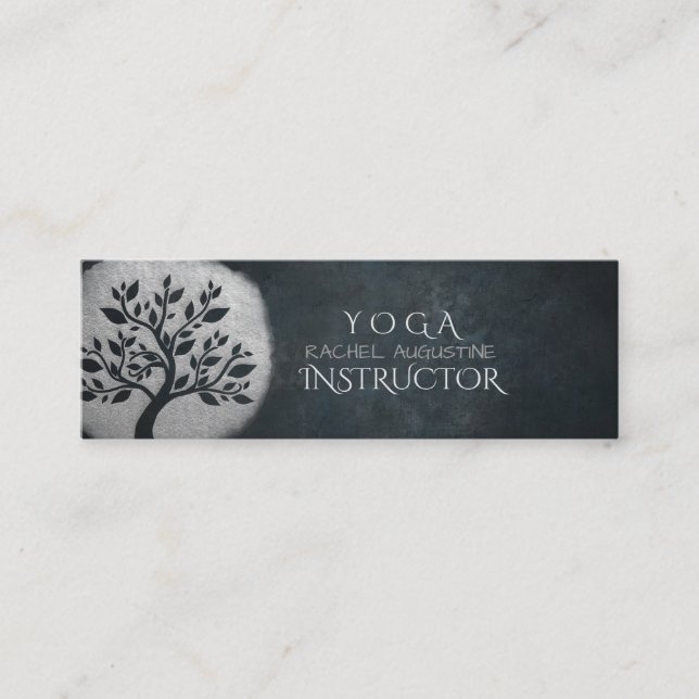 Yoga Meditation Reiki Instructor Black Silver Tree Mini Business Card (Front)