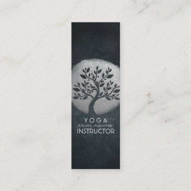 Yoga Meditation Reiki Instructor Black Silver Tree Mini Business Card (Front)