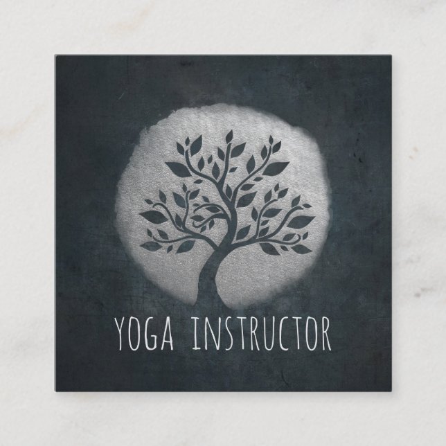 Yoga Meditation Reiki Instructor Black Silver Tree Square Business Card (Front)