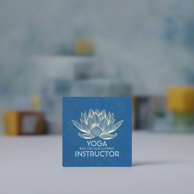 YOGA Meditation Reiki Instructor Blue & Gold Lotus Square Business Card (Creator Uploaded)