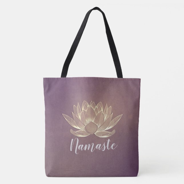 YOGA Meditation Reiki Instructor Purple Gold Lotus Tote Bag (Front)