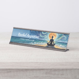 Yoga Meditation Starry Night Sky Moon Ocean Beach Desk Name Plate
