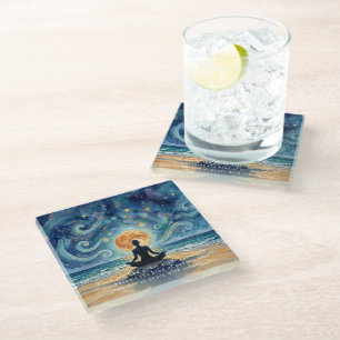 Yoga Meditation Starry Night Sky Moon Ocean Beach Glass Coaster