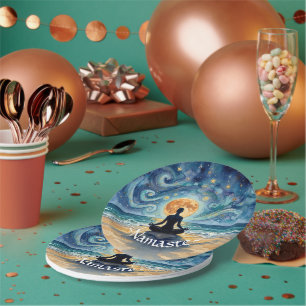 Yoga Meditation Starry Night Sky Moon Ocean Beach Paper Plate