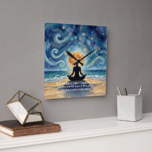 Yoga Meditation Starry Night Sky Moon Ocean Quotes Square Wall Clock
