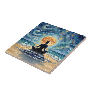 Yoga Meditation Starry Night Sky Moon Ocean Quotes Tile