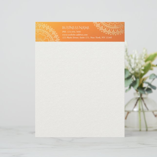 Yoga Meditation Teacher Modern Orange Gold Mandala Custom Letterhead (Standing Front)