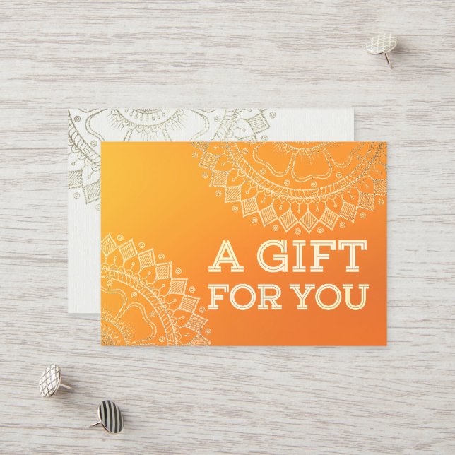 Yoga Meditation Teacher Modern Orange Gold Mandala Discount Card (Front/Back In Situ)