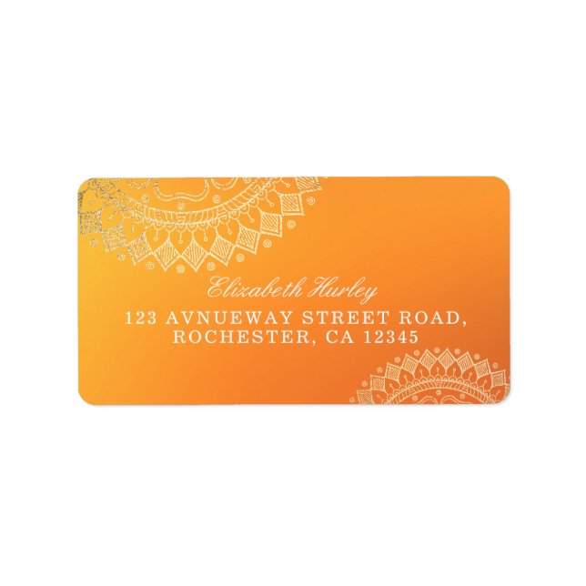 Yoga Meditation Teacher Modern Orange Gold Mandala Label (Front)