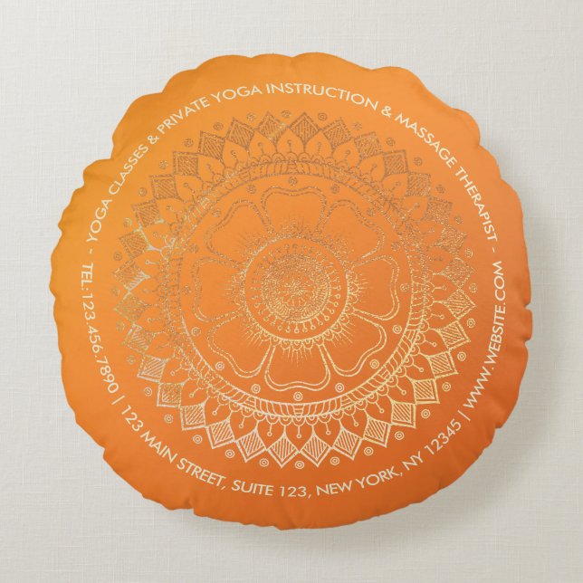 Yoga Meditation Teacher Modern Orange Gold Mandala Round Cushion (Front)