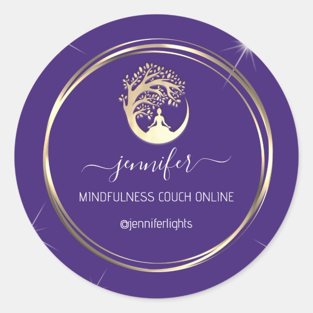 Yoga Mindfulness Therapist Couch Gold Frame Purple Classic Round Sticker (Front)