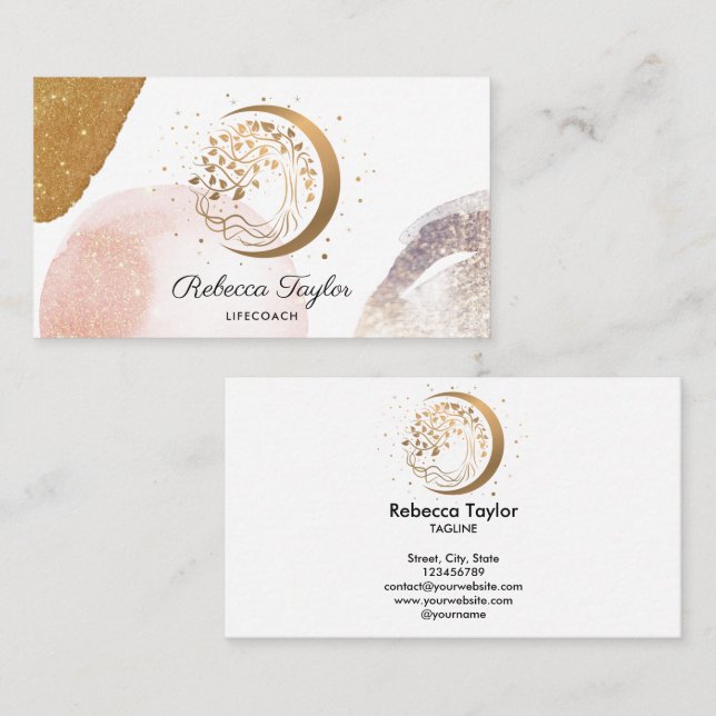 yoga moon trendy life coach tree of life gold busi business card (Front/Back)