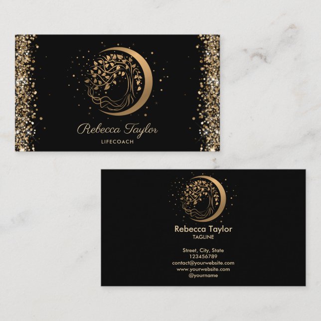 yoga moon trendy life coach tree of life gold busi business card (Front/Back)