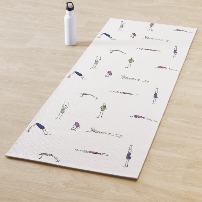 Yoga Moves stick figures doing yoga on white Yoga Mat (In Situ)