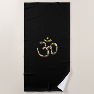 Yoga, Om Aum Icon, Hinduism Symbol, gold black Beach Towel