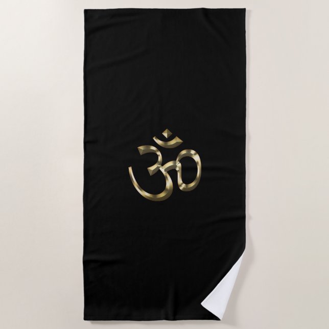 Yoga, Om Aum Icon, Hinduism Symbol, gold black Beach Towel (Front)