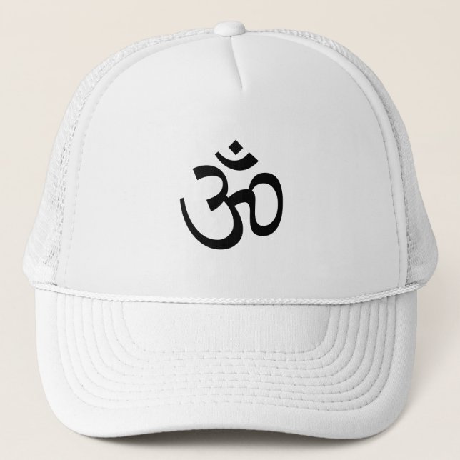 Yoga, Om Aum Icon, Ohm Hinduism Symbol black white Trucker Hat (Front)