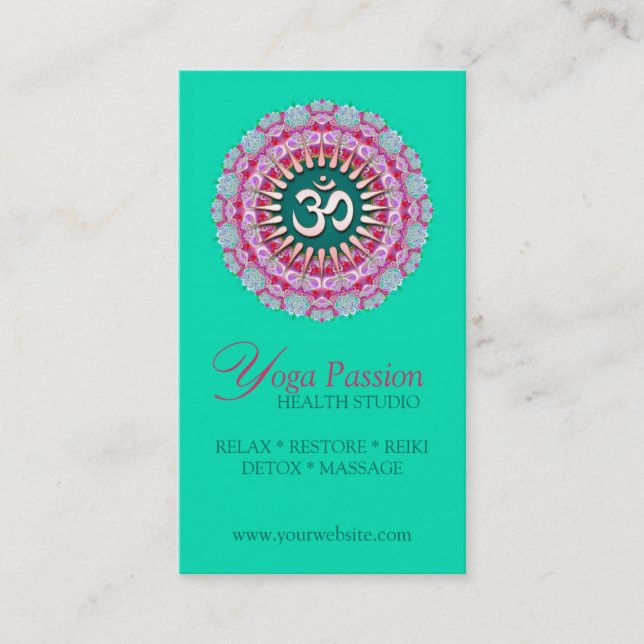 Yoga Om Pink Green New Age Business Cards (Front)