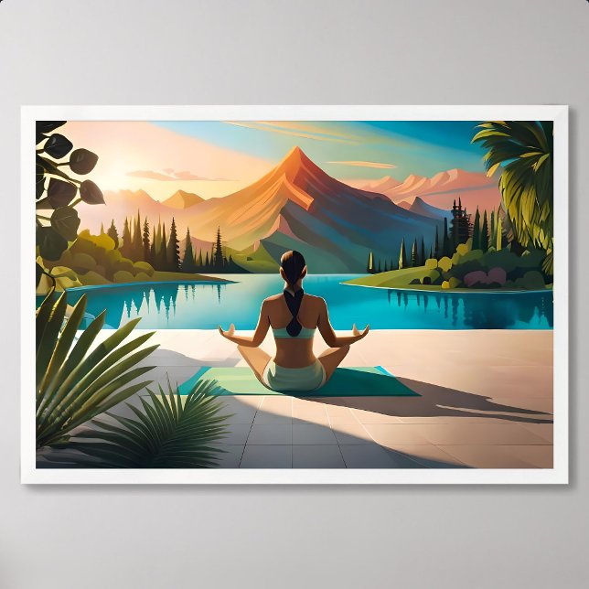 Yoga Painting: Serene Meditation by Mountain Lake Poster (yoga painting meditation mountain lake peaceful)
