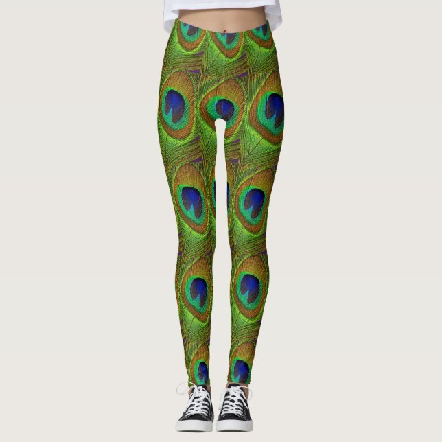 Yoga Pants Leggings Peacock Feathers Blue Green (Front)