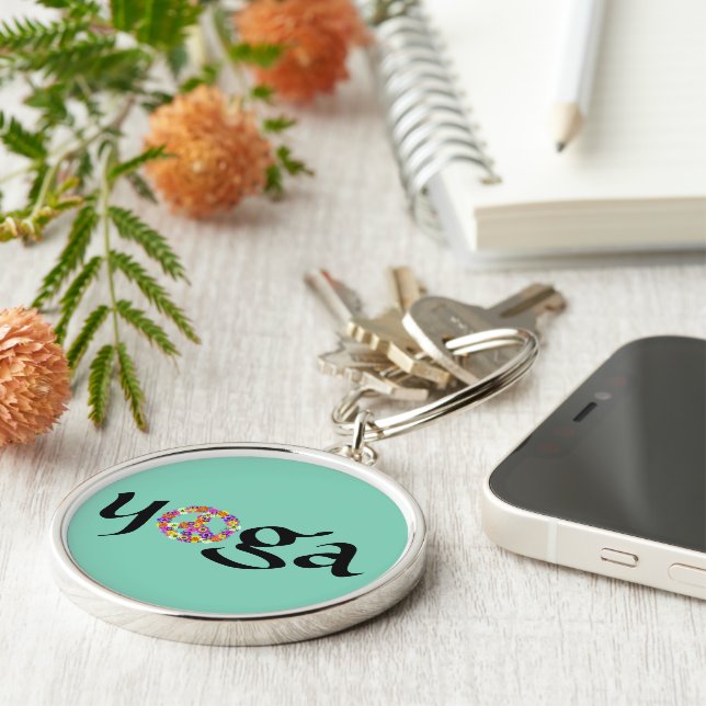 Yoga Peace Sign Floral on Aqua Key Ring (Side)