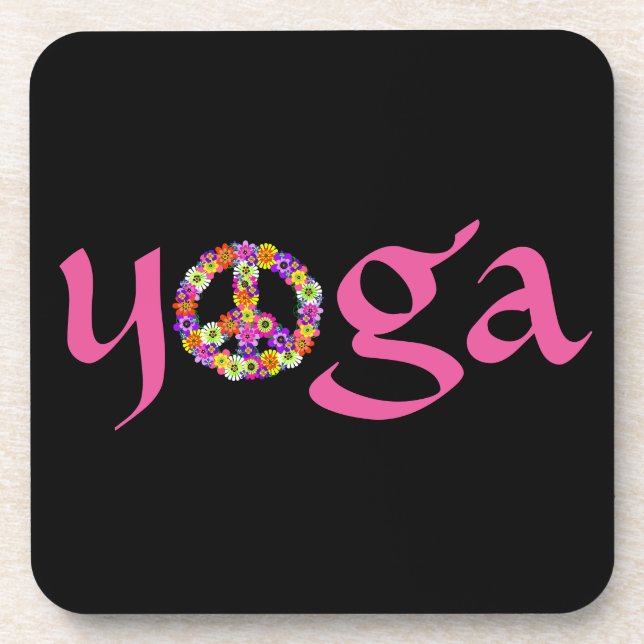 Yoga Peace Sign Floral on Black Coaster (Front)