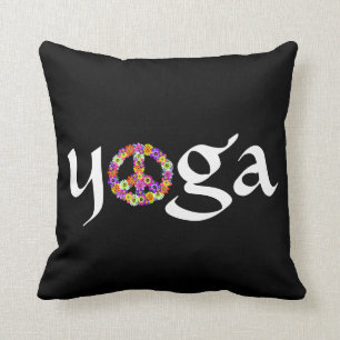 Yoga Peace Sign Floral on Black Cushion