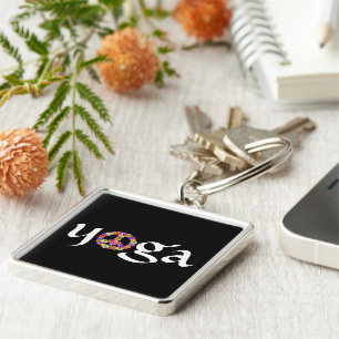 Yoga Peace Sign Floral on Black Key Ring
