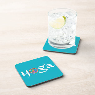 Yoga Peace Sign Floral on Turquoise Coaster