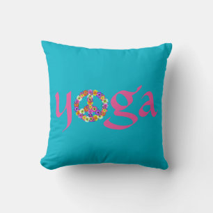 Yoga Peace Sign Floral on Turquoise Cushion