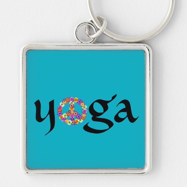 Yoga Peace Sign Floral on Turquoise Key Ring (Front)
