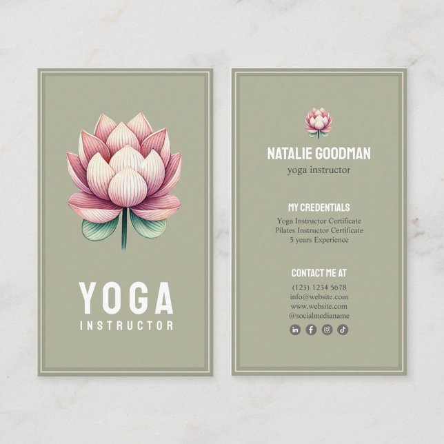 yoga pilates green pink lotus flower instructor business card (Creator Uploaded)