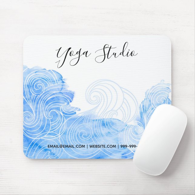 Yoga Pilates Reiki Studio Blue Waves Watercolor Mouse Mat (With Mouse)