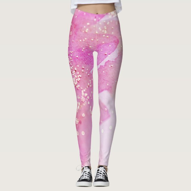 *~* Yoga Pilates Watercolor Glitter Pink Leggings (Front)