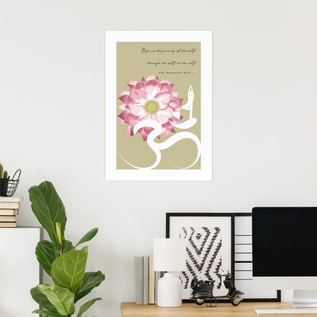 Yoga & Pink Lotus Flower White Om Spiritual Poster (Home Office)
