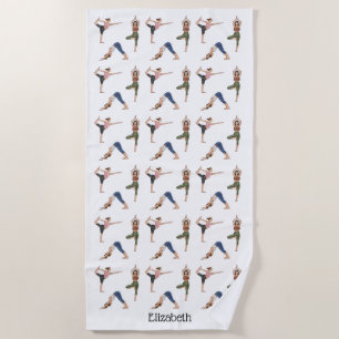 Yoga Pose Girls Colorful Workout Pattern With Name Beach Towel