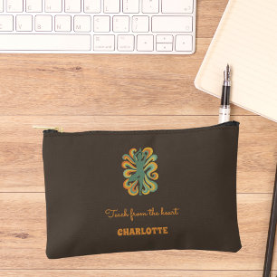Yoga pose retro swirls name slogan taupe brown accessory pouch