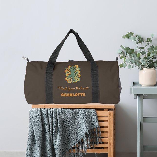 Yoga pose retro swirls name slogan taupe brown duffle bag (Creator Uploaded)